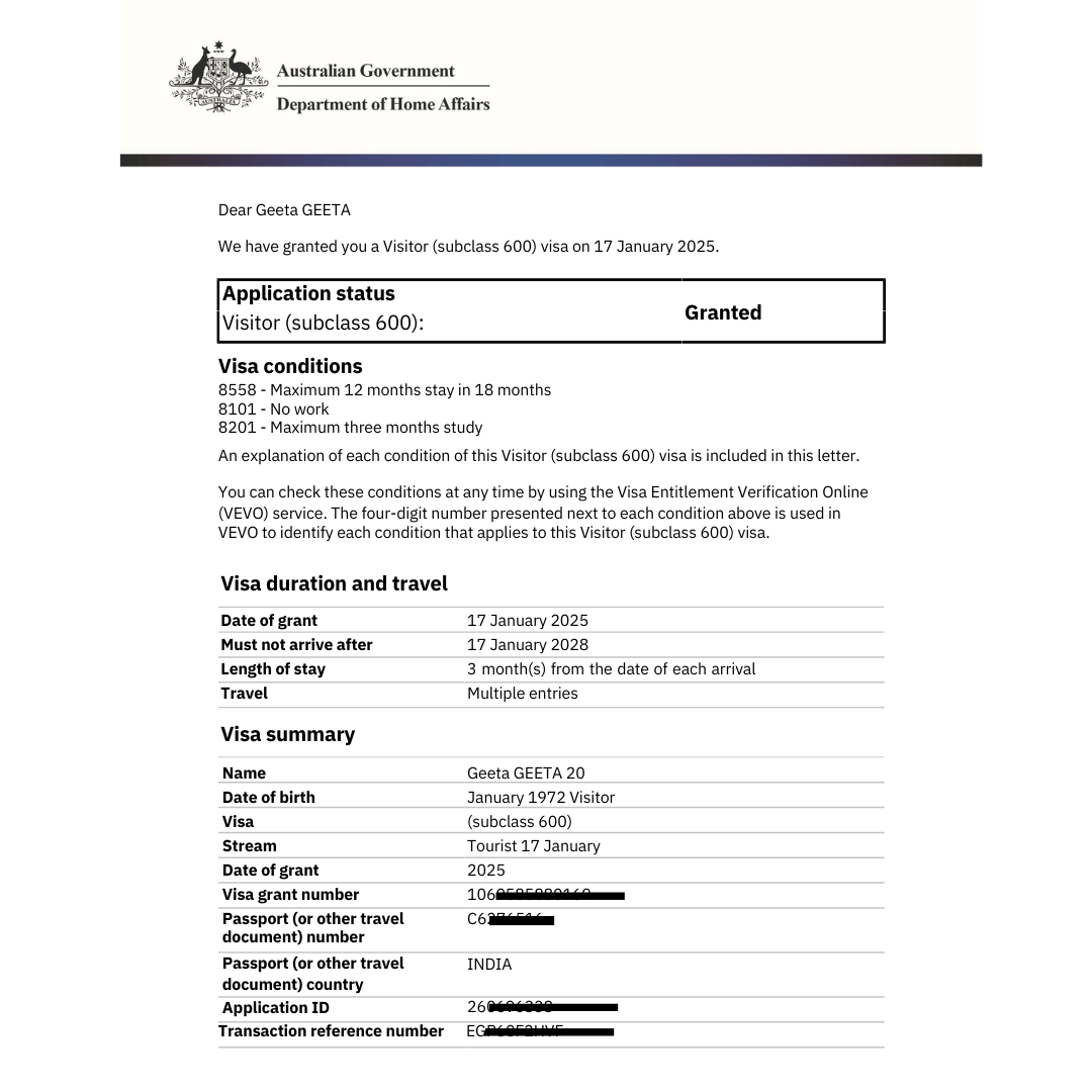Application status Visitor (subclass 600)